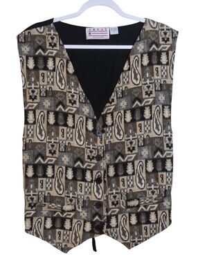 AMRAV Vintage Jacquard Folk Art Button Front Vest in Neutral Tones Size M
